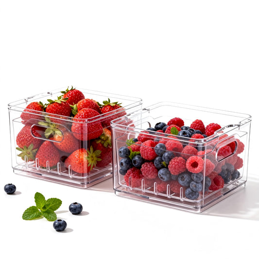 Tayuoo Transparent PET Fruit Draining and Washing colander food storage boxes plastic cookie containers refrigerator organizers (2, Square)