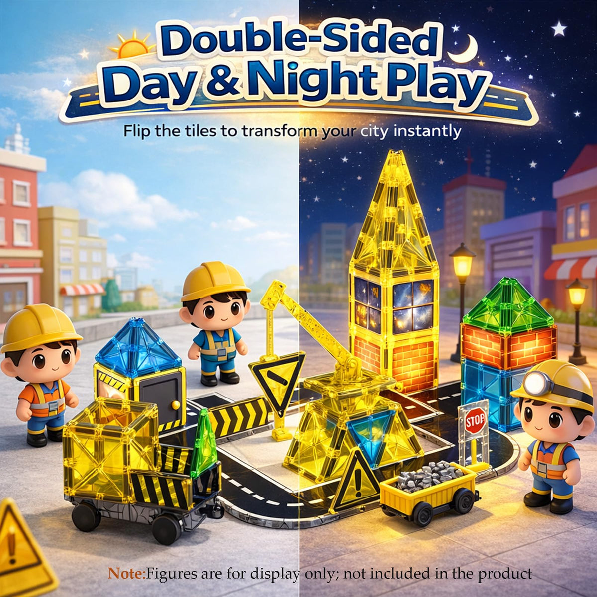 LATI Construction Magnetic Tiles City Set for Kids, Double-Sided Day & Night Building Blocks with Crane, Roads, Traffic Signs & Construction Vehicles, STEM Learning Toy for Boys & Girls Ages 3+