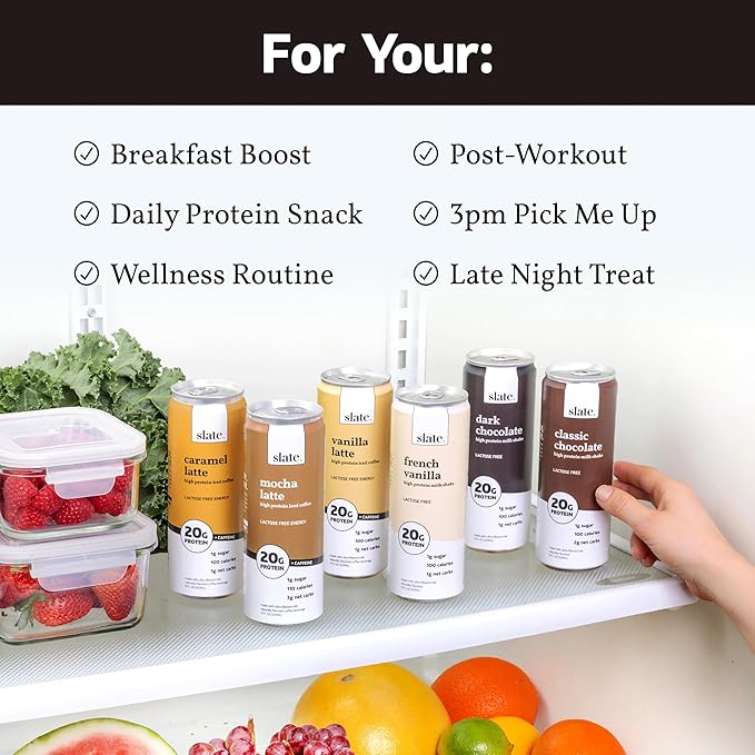 Slate Milk - High Protein Iced Coffee - Vanilla Latte - 175mg Caffeine, Lactose Free Energy - 20g Protein, 1g Sugar, 100 Calories, 1g Net Carbs, No Sugar Added - Protein Coffee - 11 fl oz, 12 Cans