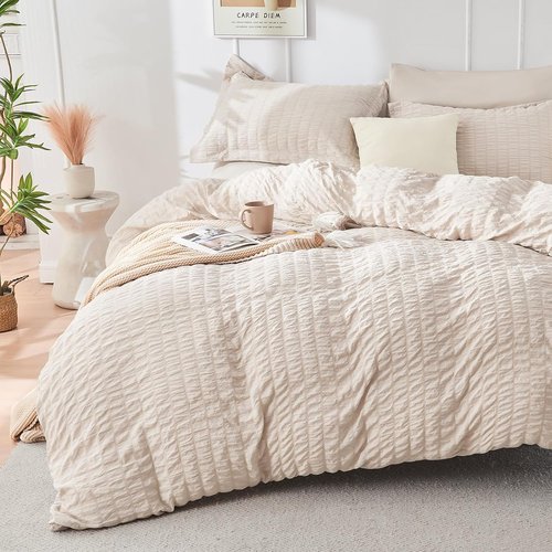 HYMOKEGE King Size Comforter Set - 7-Piece All-Season Luxury Bedding in Beige with Sheets & Pillowcases