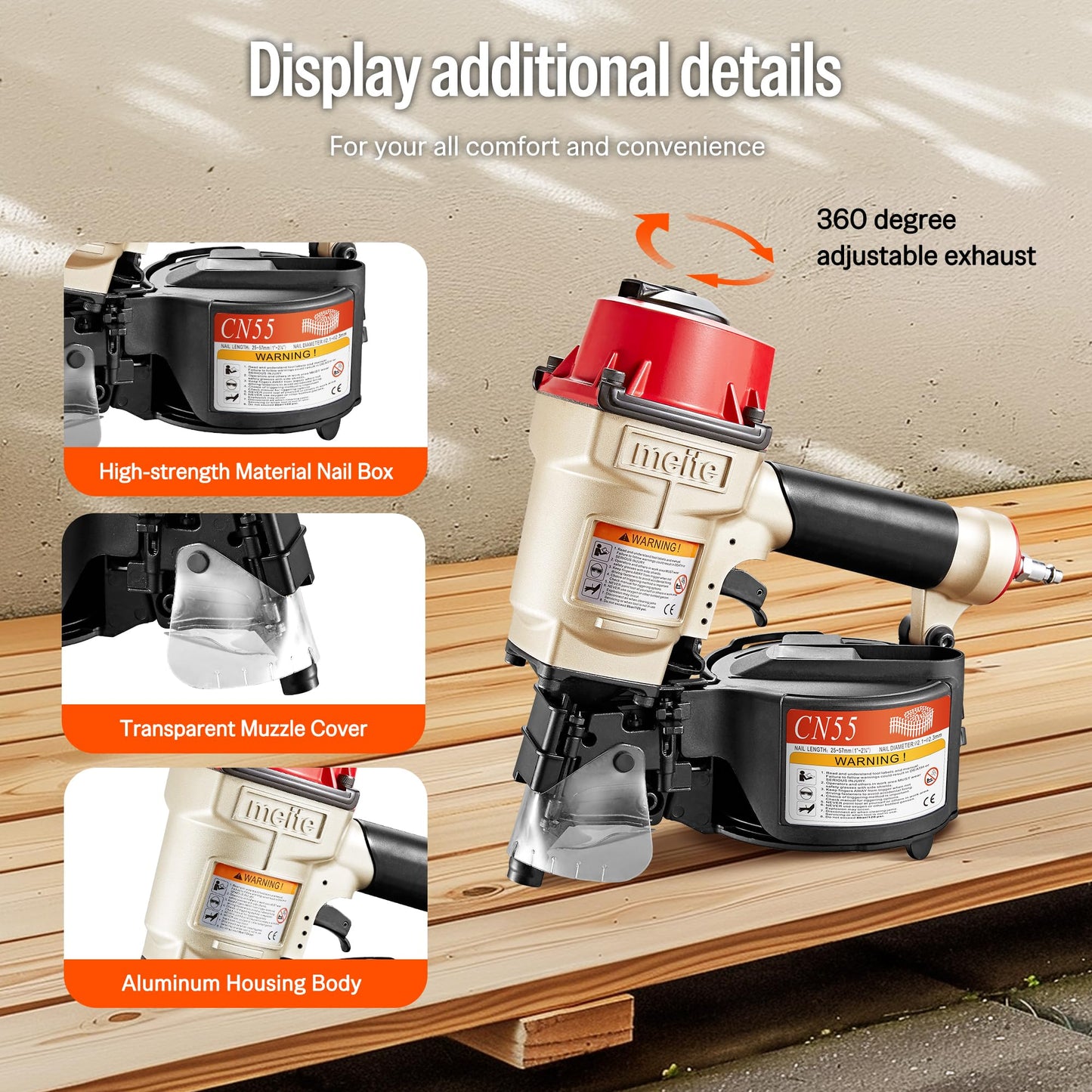 meite CN55 Siding Nailer Pneumatic Nail Gun Accepts 15 Degree 1" to 2-1/4" Coil Nails, Air Siding Nail Gun with Adjustable Exhaust for Hardwood Pallets Fencing Decking Sheathing