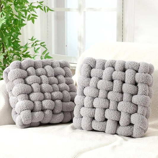 Wenqik 2 Pcs Knot Pillows Square Knotted Plush Throws Soft Accent Pillows Decoration Cushion for Couch Home Office Living Room Bedroom Bed Sofa Decor, 12'' x 13''(Light Gray,Lambswool)