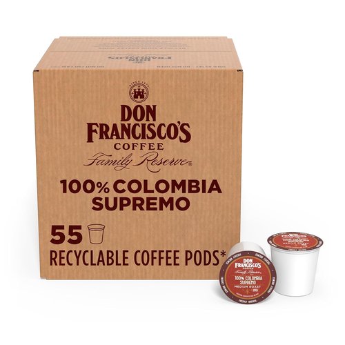 Don Francisco's 100% Colombia Supremo Coffee Pods - Medium Roast, 55 Count | Compatible with Keurig