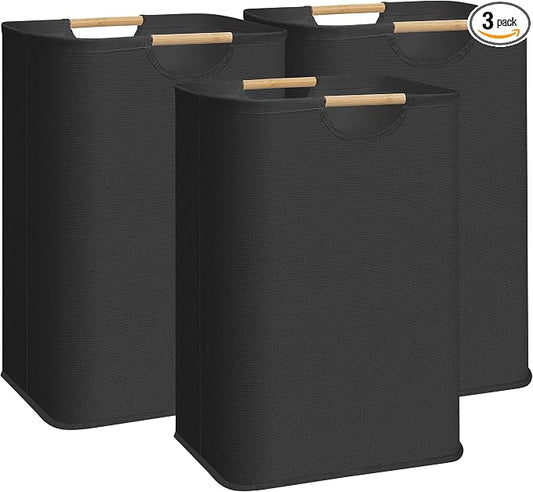 STORAGE MANIAC 3-Pack Large Laundry Hamper, 80L (21.1 Gal) Collapsible Laundry Basket with Bamboo Handles, Freestanding Waterproof Clothes Hamper for Laundry Room, Bedroom, Dorm, Towels, Black
