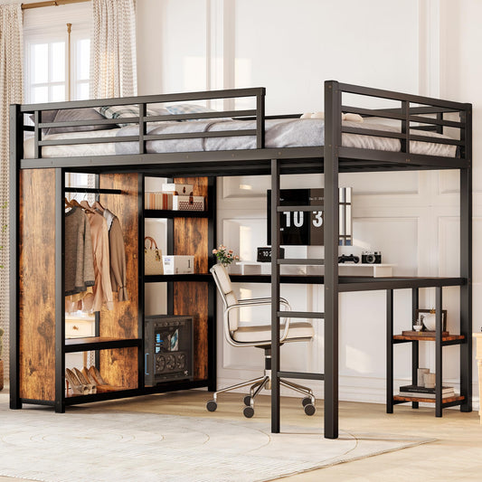 Bellemave Queen Size Loft Bed with Desk and Storage Shelves, Queen Loft Bed with Wardrobe and Hanging Rod, Game Loft Beds with Guardrail, Heavy Duty Loft Beds for Adults, Teens, Black Woodgrain