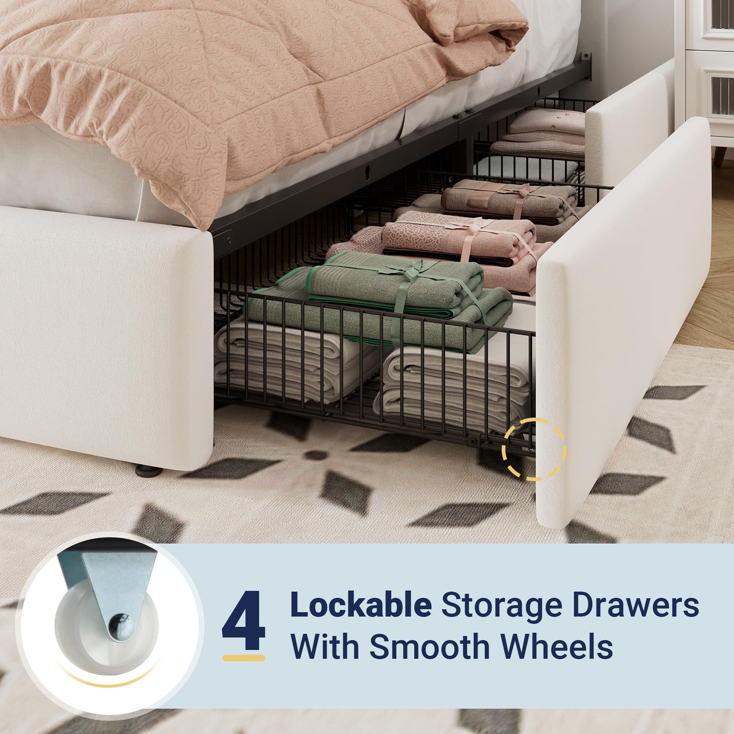 Allewie King Size Storage Bed Frame, Vertical Channel Tufted Adjustable Headboard, Velvet Upholstered Platform Bed with 4 Oversized Underbed Drawers, Wooden Slats Support, No Box Spring Needed, White