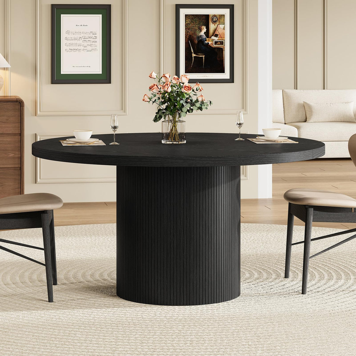 Round Kitchen Dining Table for 4-6 People, 47 inch Mid-Century Circle Dinner Tables, Rustic Wood Base in Fluted Design, Space Saving Dining Room Furniture, Large Table Only for Family Party, Black
