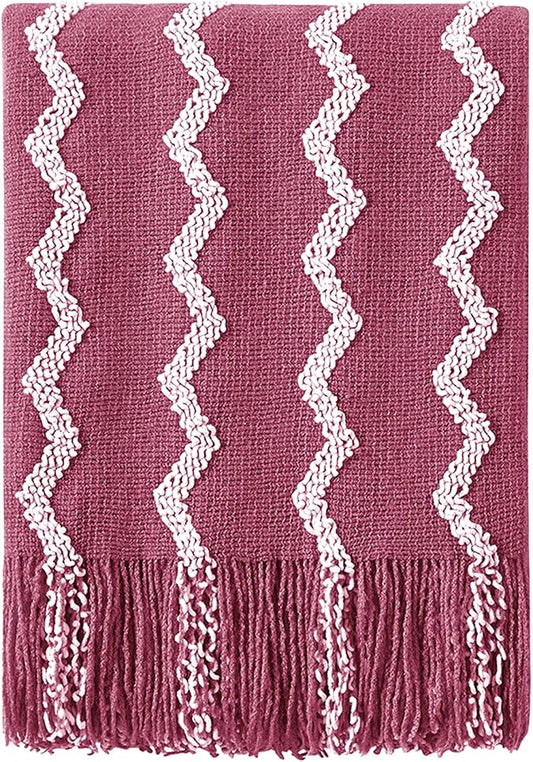 BOURINA Fluffy Chenille Knitted Fringe Throw Blanket Lightweight Soft Cozy for Bed Sofa Chair Throw Blankets Rose Wine 50" x 60"