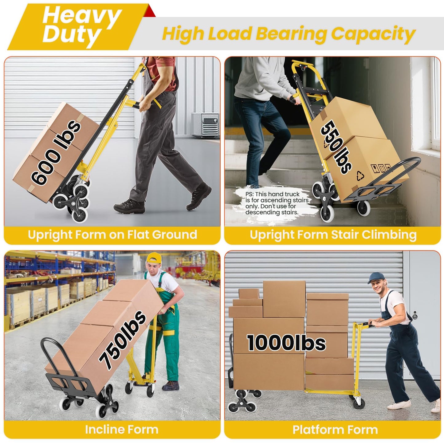 4-in-1 Hand Truck Dolly Heavy Duty Industrial Convertible, 1000 LBS Stair Climbing Cart Utility Cart Converts from Hand Trucks Dolly to Platform Cart Folding Stair Climbing Cart (Yellow)