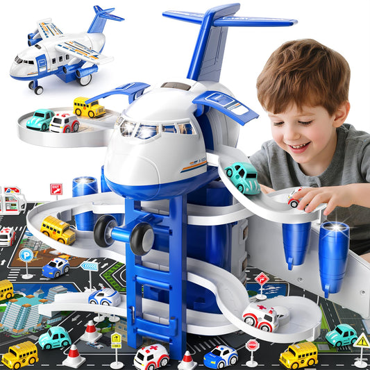 MSKOLER Airplane Toys for Toddlers 2-4 - Boy Toy Car Race Tracks for Kids Ages 3-5 with 8 Small Car Toys, Toddlers Educational Toy, Birthday Gifts for Boys 3-5