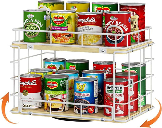 360° Lazy Susan Can Organizer, 2-Tier Rotating Metal Wire Wood Can Rack Holder, Kitchen Pantry Cabinet Countertop Turntable Storage Shelf, Hold 26 Soda Cans Food Beverage Cans Organizer, White