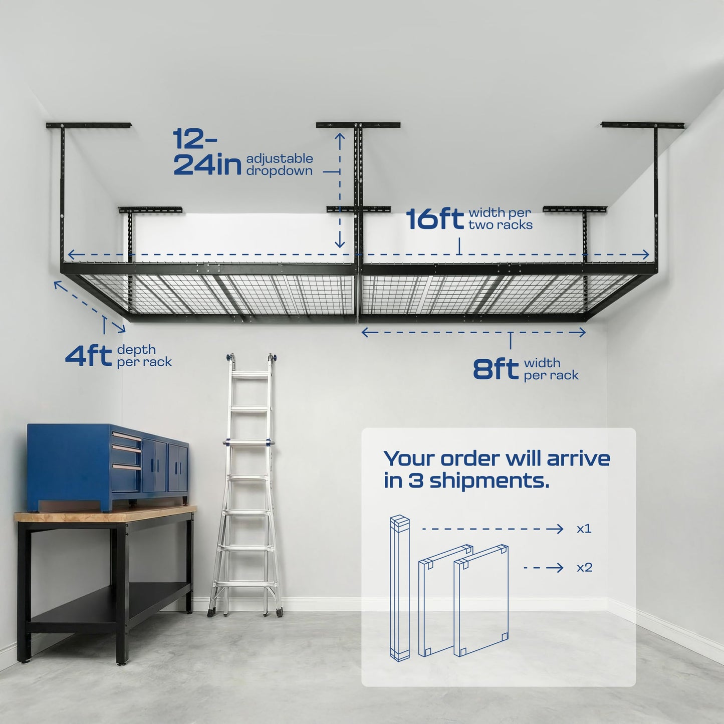 2-Pack 4 x 8 MonsterRax Overhead Garage Storage Rack, Ceiling Racks for Garage, Organization Shelving, Adjustable Hanging Shelf, Grey, 12"-21" Height Adjustment