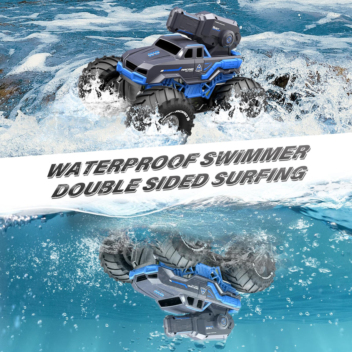 Amphibious Remote Control Car Boat Water Squirt RC Tank 2.4GHz Gesture Sensor 4WD Monster Truck Waterproof RC Car for 6 7 8 9-12 Kids Girls Boys Gift Beach Pool Water Toy With 2 Replaceable Batteries