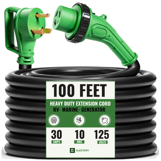 30 Amp Generator Extension Cord 100 FT, TT-30P to L5-30R Twist Lock, LED Power Indicator & Reverse Polarity Light, 10 AWG Heavy Duty RV Shore Power Cord, 90° Grip Handle, for Generator, Camper, Marine