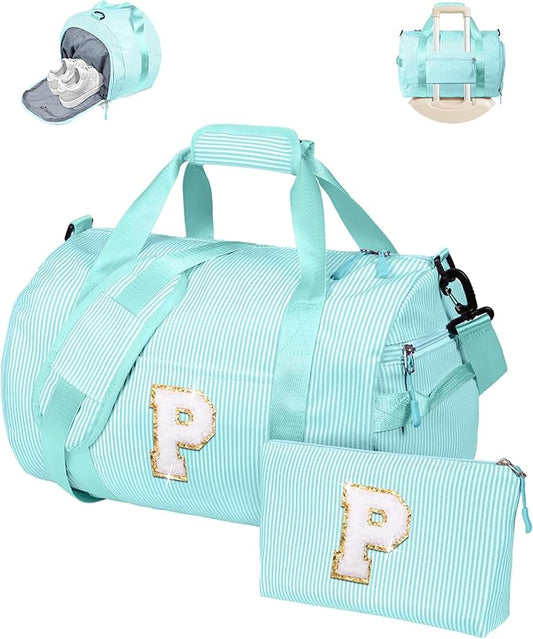 Daughter Birthday Gift from Mom, Girl Gym Bag, Kids Initial Overnight Duffel Bags with Shoe Compartment, Personalized Travel Bag with Makeup Pouch, Teen Girl Gifts Trendy Stuff (Letter P)