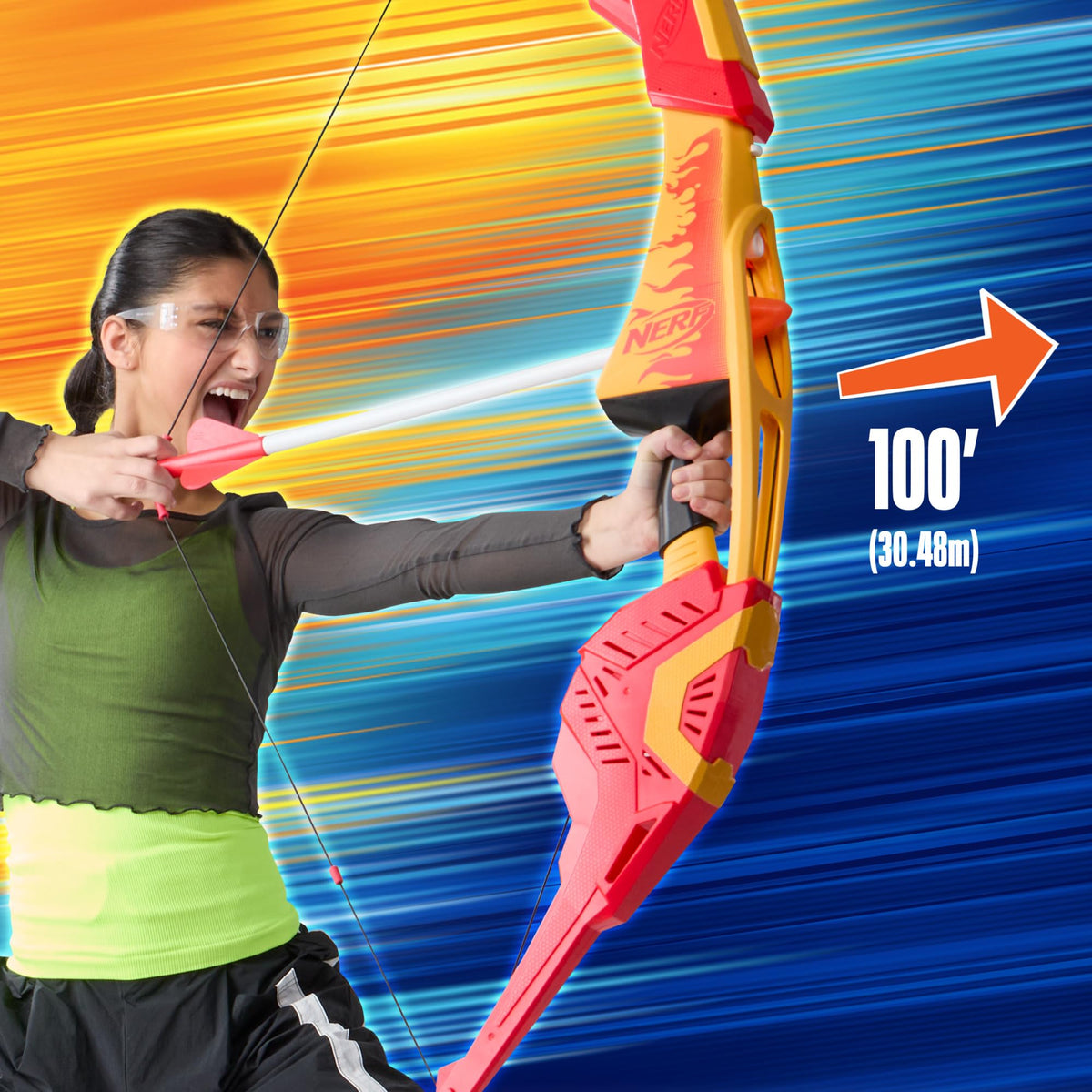 Nerf Pyrostrike Megabow, 42-Inch Bow Fires Arrows Up to 105 Feet, 2 with Soft Tips, Kids Outdoor Toys, Ages 10+ (Amazon Exclusive)