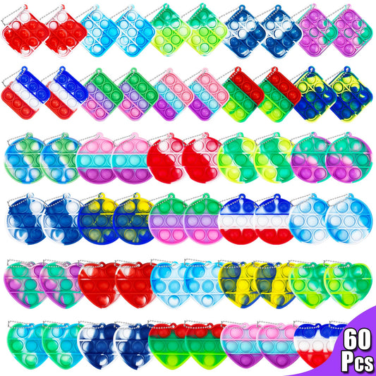 60 Pack Mini Pop Keychain Fidget Toys — Mixed Sensory Stress Relief Toy Bulk for Kids & Adults | Party Favors, Goodie Bag Stuffers, Classroom Prizes, Birthday