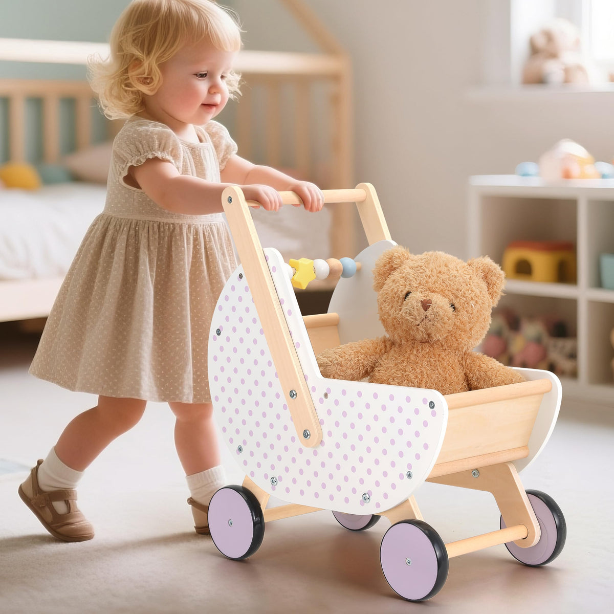Pillowhale Wooden Baby Walker & Doll Stroller – Adjustable Handle Push Cart, Anti‑Tip, Quiet Wheels, Pretend Shopping Cart – Montessori Wooden Walker for Babies, Doll Stroller for Toddlers 12m+