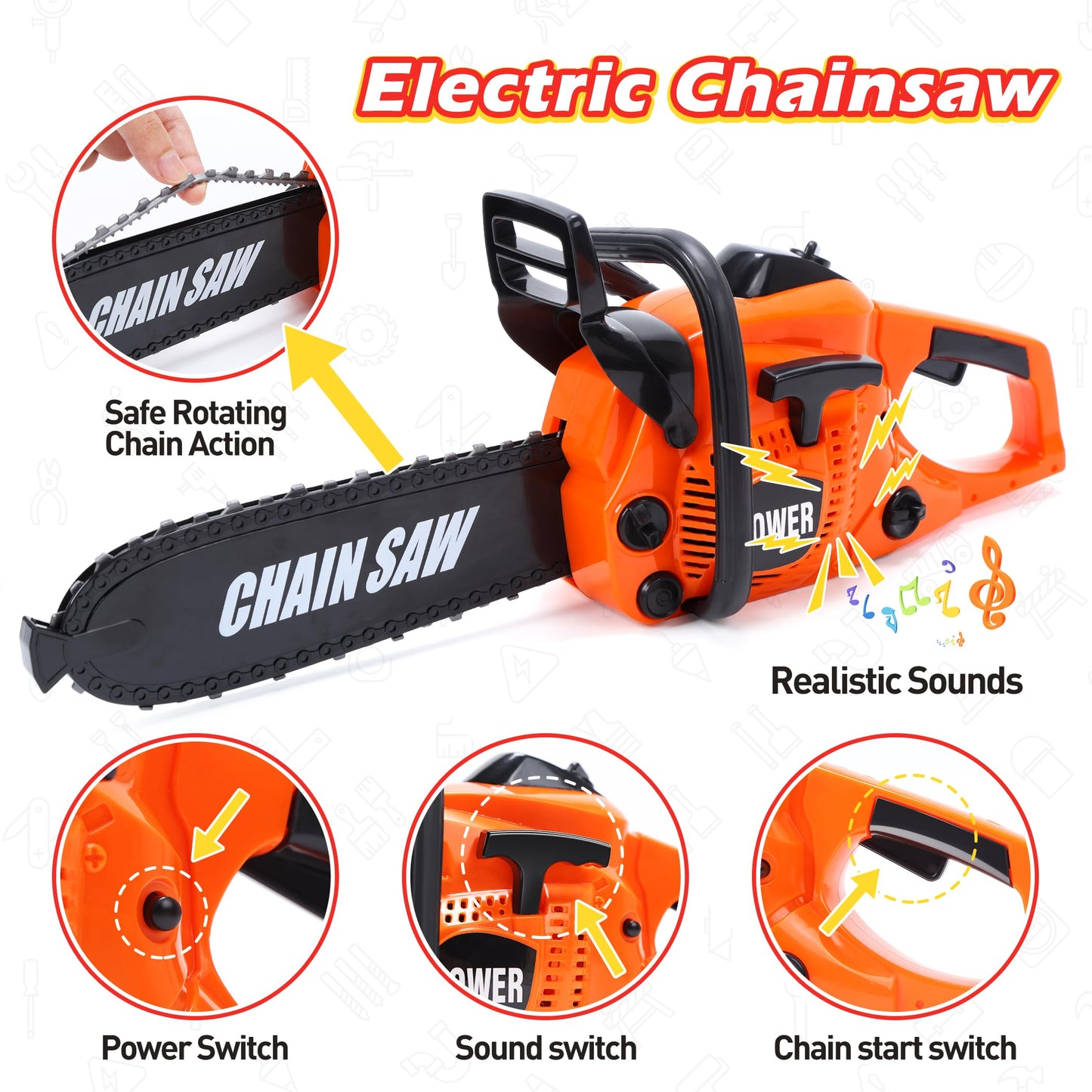 Skirtoy Toy Chainsaw for Kids, Family Day Games Pretend Play Series Kids Tool Set, Outdoor Electronic Chainsaw Toy Tool Set, STEM Preschool Toddler Tool Set, Thanksgiving