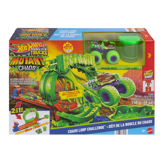 Hot Wheels Monster Trucks Toy Playset, Mutant Chaos, Loop Challenge Track Set with 1:64 Scale Wreckin’ Wolf, 4-Ounce Container of Slime, 2 Ways to Play