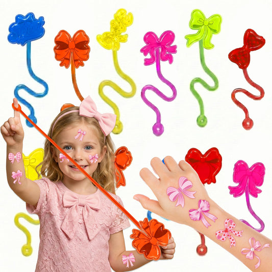 48PCS Bow Party Favors - 24PCS Temporary Tattoos & 24PCS Stick Hands Party - Perfect Birthday Party Supplies, Goodie Bag Stuffers, Treasure Box Toys, Classroom Prizes, and Student Gifts