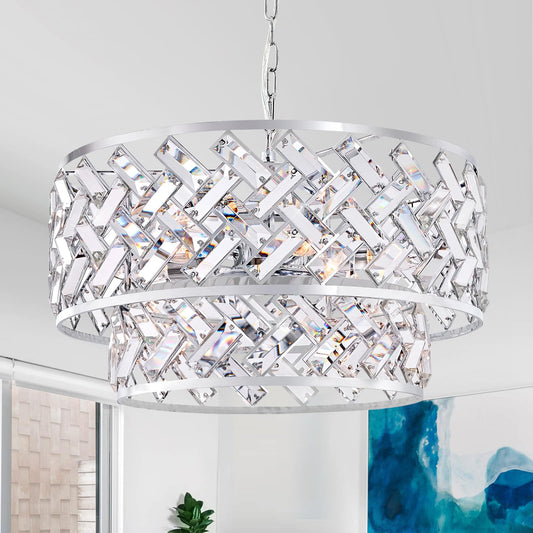 20'' Modern 6-Light Chrome Crystal Pendant Chandelier, Luxury Round Semi Flush Mount Ceiling Light for Living Room, Dining Room, Kitchen, Foyer, Bedroom