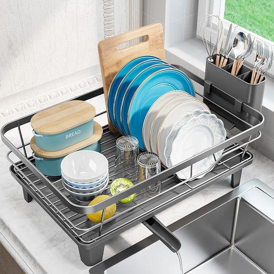 Urackify Dish Drying Rack for Kitchen Counter, Sink Dish Rack with Drainboard 12.2" W x 16.5" L, Large Dish Drainer with Cutlery Holder, Home Countertop Plate Dryer Storage Rack, Gray