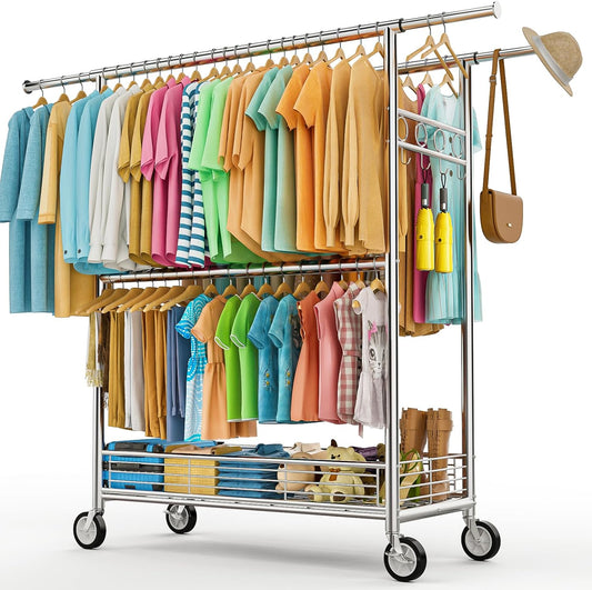 Regine Switzerland Heavy Duty Clothes Rack - 960LBS Capacity, Adjustable & Portable with Wheels, Silver