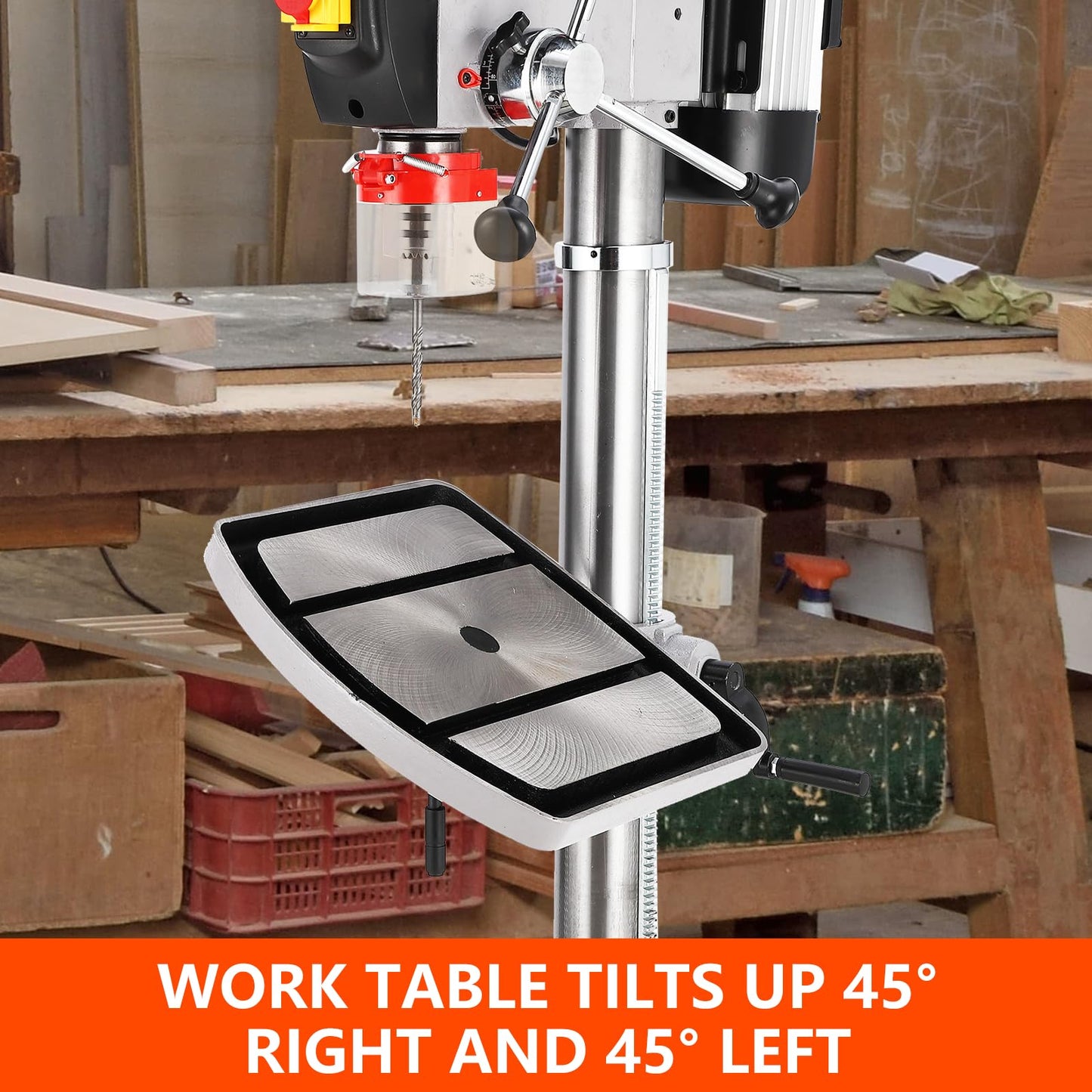 17 in Floor Drill Press, 12 Amp 120V Pure Copper Motor, 200-3630 RPM Variable Speed Cast Iron Bench Drill Press, 0-45° Tilting Worktable, Tabletop Drilling Machine for Wood Metal