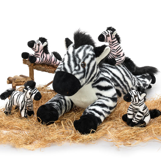 Tezituor 5pcs Wildlife Zebra Stuffed Animals Set, 25 inch Realistic Stuffed Zebra with Babies for Boys Girls, Large Pinto Plushies Pillow Toy for Brithday Gift Decoration