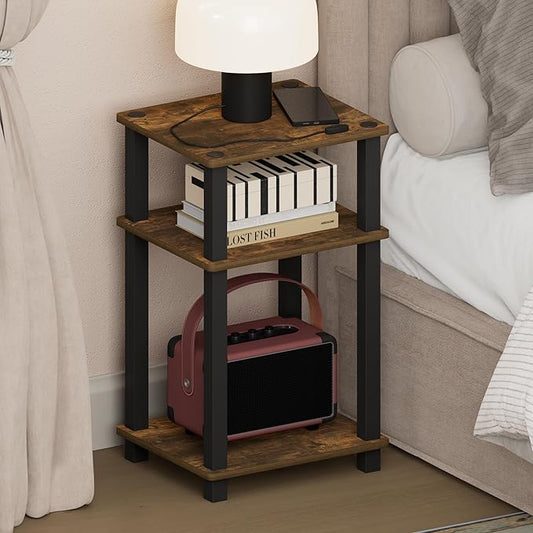 Furinno JUST Night Stnad, 3-Tier Nightstand Open Shelf, Toolless Assembly Bedside Table, End Table, Side Table, with Square Tube, for Living Room, Bedroom, Amber Pine