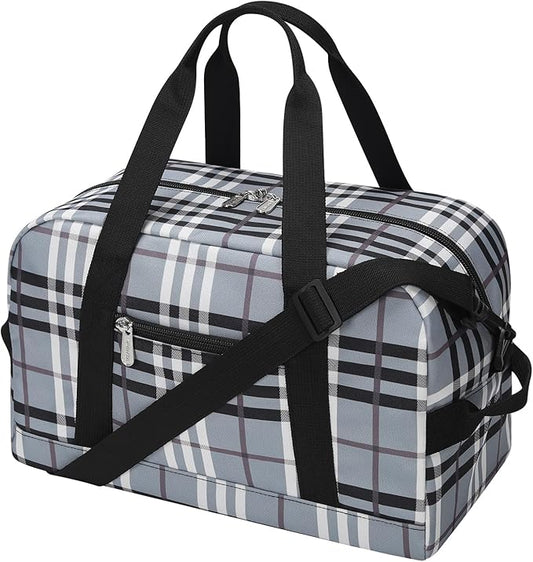 Small Gym Bag 14 inch lightweight Carry On Mini Duffel Bag for Travel Sport - Gray white plaid