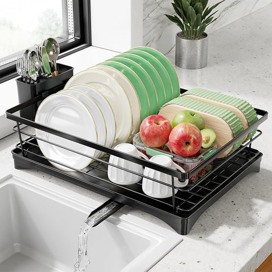 Simple Trending Dish Drying Rack, Stainless Steel Dish Rack for Kitchen Counter, Space-Saving Dish Drainer with Utensil Holder and Drainboard, 12''W x 17''L, Black