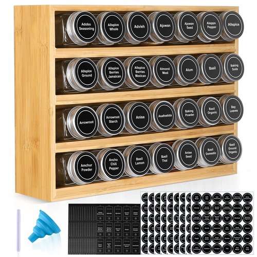 Bamboo Spice Rack Organizer With 28 Spice Jars, 780 Labels, 4 Tier Wood Hanging Shelf, Chalk Marker and Funnel Set for Drawer Cabinet Kitchen Countertop Wall Mount, Empty 4 oz Glass Jar & Shaker Lids