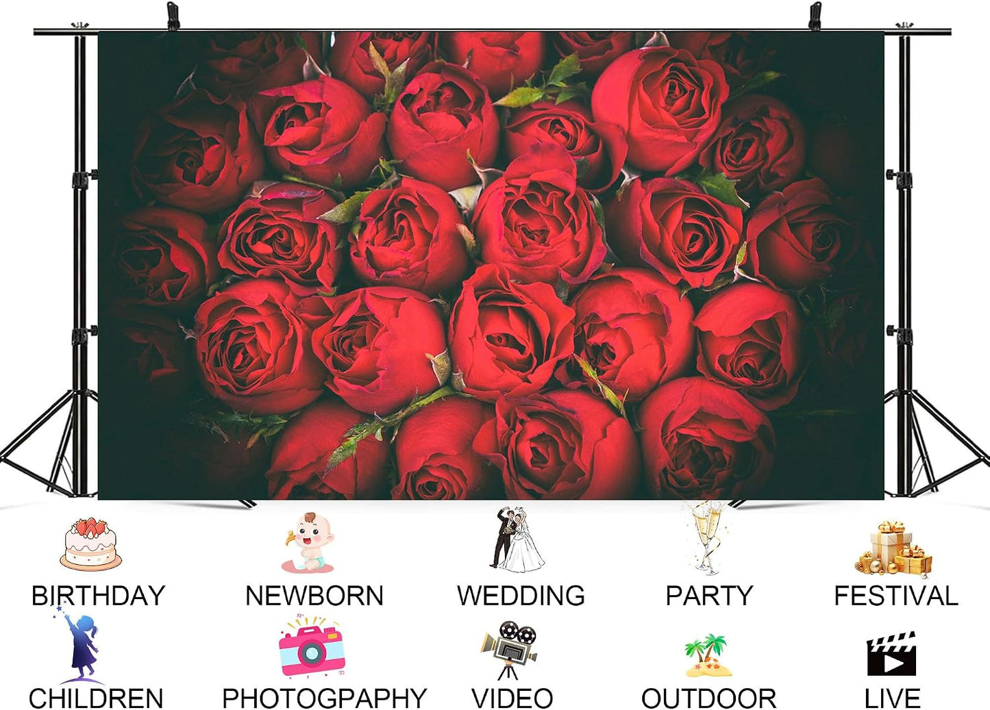 UPXIO 7x7ft Dense Red Roses Bouquet Backdrop Romantic Floral Deep Red Petals Photo Background Tapestry for Wedding
