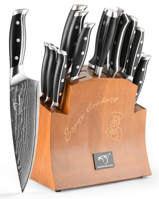 16-Piece Damascus Knife Set with Block, VG10 67-Layer Damascus Steel Kitchen Knife Set with Triple-Rivet Handles, 6 Steak Knives, Meat Fork, Sharpener & Scissors, Natural Wood