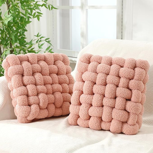 Wenqik 2 Pcs Knot Pillows Square Knotted Plush Throws Soft Accent Pillows Decoration Cushion for Couch Home Office Living Room Bedroom Bed Sofa Decor, 12'' x 13''(Pink,Lambswool)