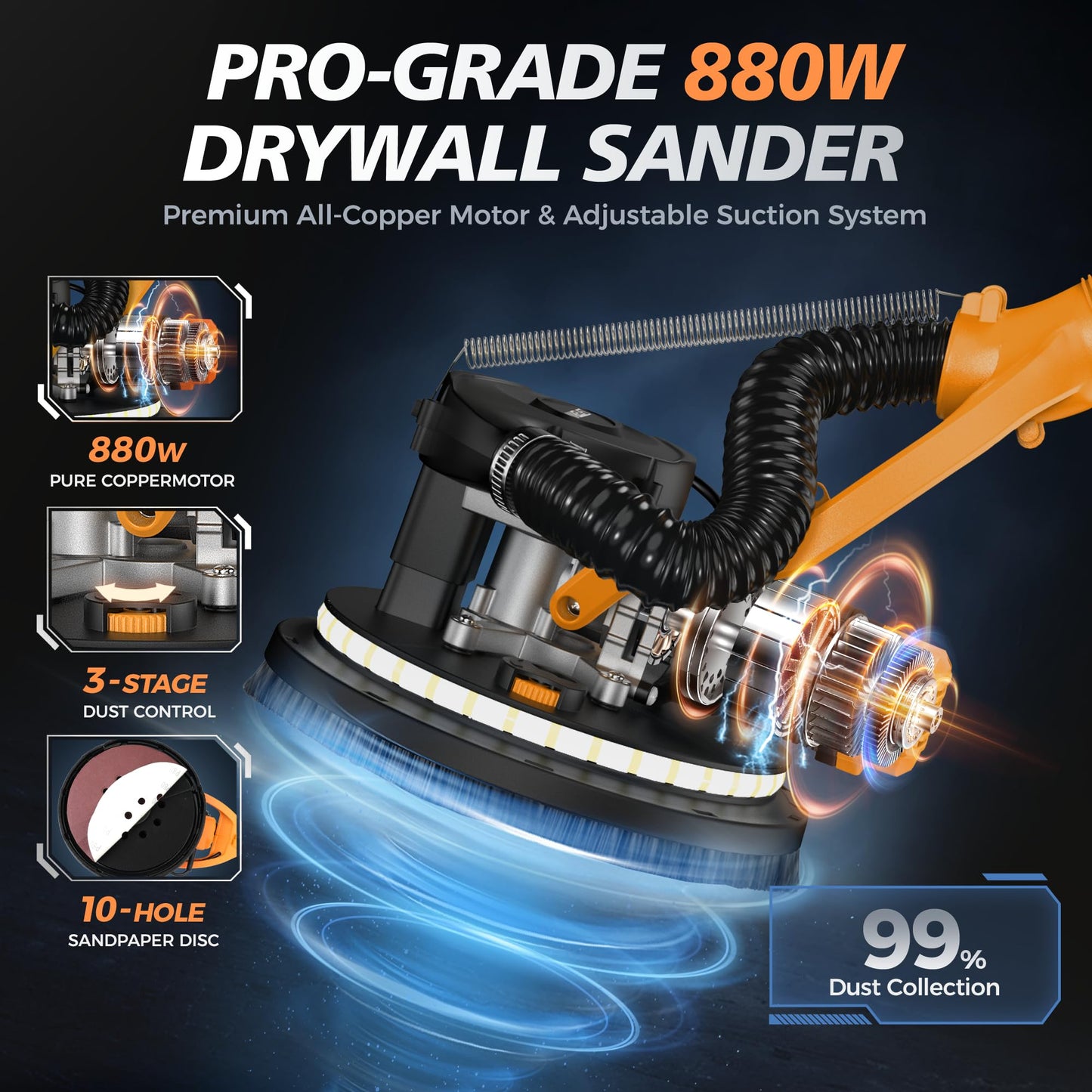 MAKELIFT Drywall Sander with Vacuum Dust Collector, 880W 7.33A Popcorn Ceiling Removal Tool, LED Light, 5 Variable Speed 1000-2100RPM, Foldable & Extendable Handle, 12 Sanding Discs