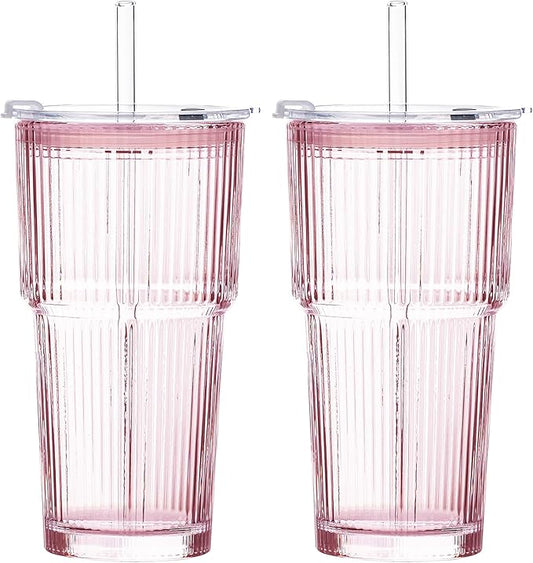 GOSCHE 20oz Iced Coffee Cups with Lids, Glass Cups with Lids and Straws, Thickened Glass Tumbler Set Ideal for Latte, Juices, Cocktails and Beverage, Pink, 2 Pack