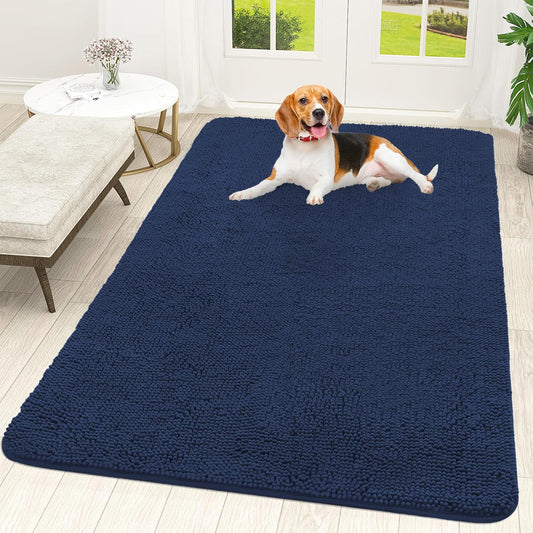 OLANLY Dog Door Mat - Absorbent Non-Slip Chenille Mat for Muddy Paws | Quick Dry 59x35, Dark Blue