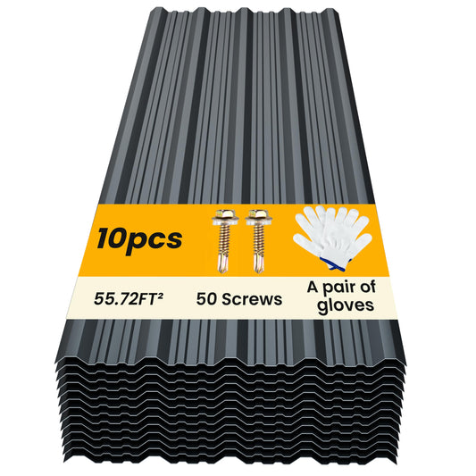 BOBIBAN 10 pcs Metal Roofing Panels - Corrugated Galvanized Roof Panels L45.28x W17.72 Inch, Waterproof Tin Roof Sheets for Garages,Sheds, Stables and Mobile Homes, Includes Screws(Grey,L45.28''-10)