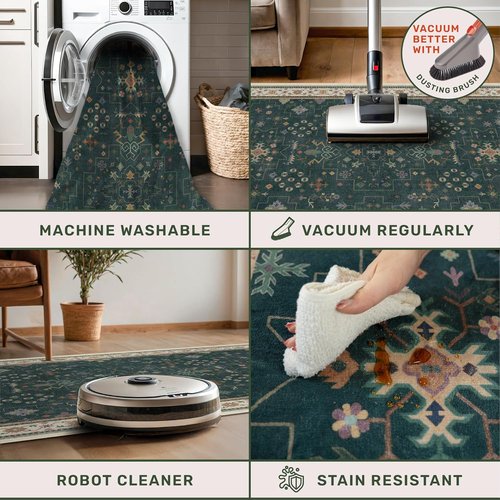 Hazo Haus Vintage 2x7 Washable Runner Rug - Non-Slip, Stain Resistant | Dark Green Floral Design for Kitchen & Hallway