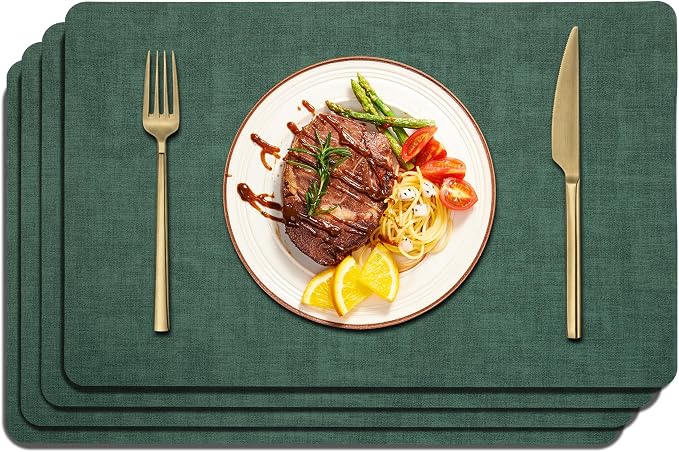 Maxpearl Faux Leather Placemats Set of 4 - Waterproof - Wipe Clean - Heat Resistant - Anti Slip Dining Table Place Mats, Suitable for Indoor & Outdoor Use, 17ââÃ12ââ, Dark Green