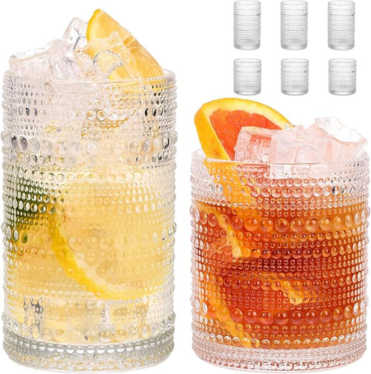 Moretoes Kitchen Hobnail Drinking Glasses Set of 6, 12 Oz Highball Glasses & 10 Oz Cocktail Glasses, Clear Embossed Boho Glass Cups Kitchen Bar Tumbler Glassware Set for Whiskey, Beer, Juice, Milk