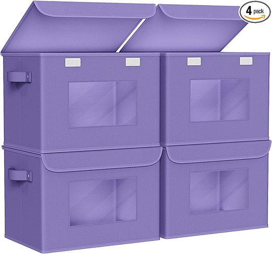 Univivi Storage Bins with Lids [4-Pack] Fabric Lidded Storage Baskets Stackable Closet Storage Bins, Closet Organizers and Storage with Lid & Clear Window for Home, Office, Bedroom (Purple)