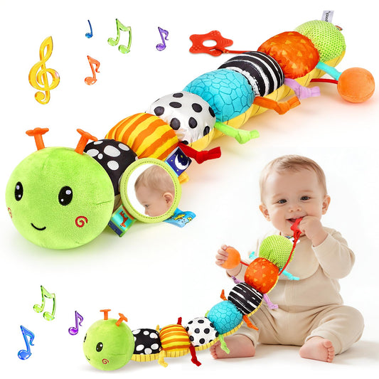 Baby Stuffed Caterpillar Toys for 0-6 6-12 Months, Musical Animal Sensory Toys for Infant 3 6 9 12 18 Months, Tummy Time Toys with Mirror Rattle Crinkle for Newborn Boys Girls Shower Gifts