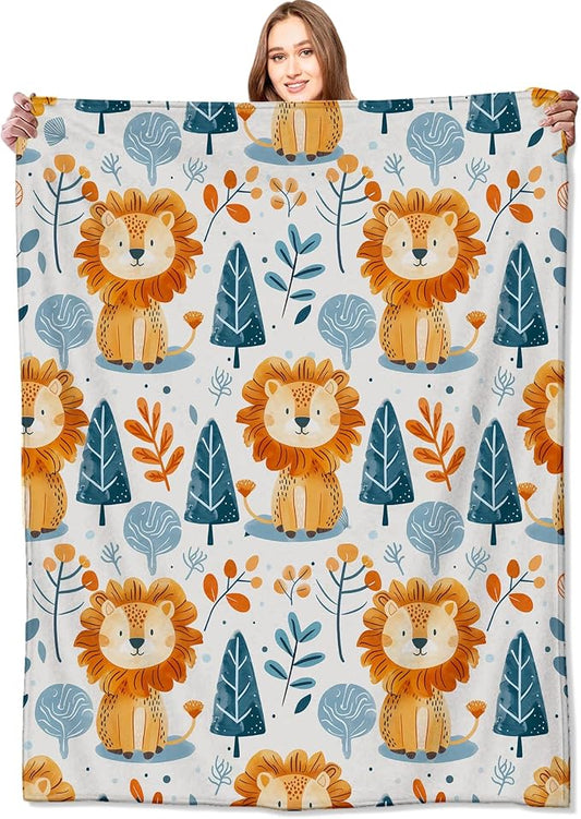 Cute Lion and Forest Blanket,Fun Cartoon Jungle Theme Throw Blankets,Birthday Gifts for Kids & Animal Lovers,Lightweight Soft Fleece,for Picnic Sofa Couch Bed Room Travel,Modern Decor,60x80in
