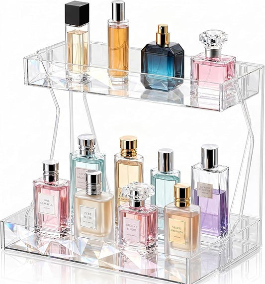 Perfume Organizer for Vanity, Premium Clear Acrylic Makeup Organizer Countertop with Non-Slip Trays, Easy 30-Second Assembly, Holds 12–16 Bottles for Bathroom & Dresser (Crystal Clear)