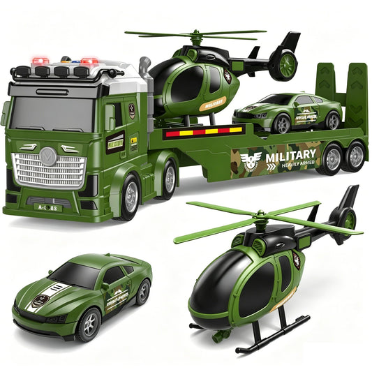 DWIRCTOYS Kids Toys for Ages 3 4 5 6 7 8 Years Old Boys, 25" Large Army Semi Truck with Helicopter & Race Car, Friction Powered Vehicle with Lights & Sounds,Birthday Gift for Boys Girls