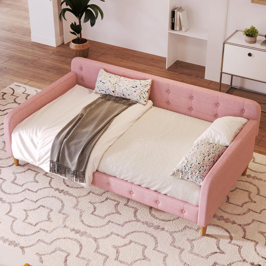 Bellemave Twin Upholstered Daybed with 4 Support Legs, Corner Bed, Upholstered Bedframe for Kids,Teens,Adults, Pink (Linen)